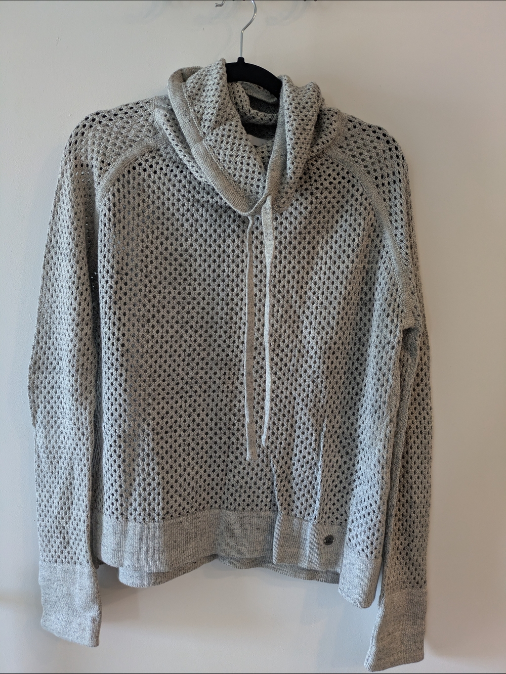 Prana Women's Light Gray Open Knit Hoodie Sweater Cowl Neck Size Large